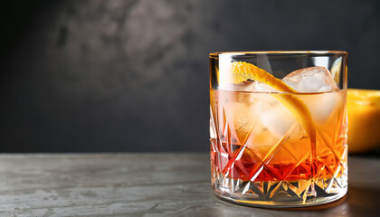 Glass of tasty Old Fashioned cocktail on table against dark background with space for text