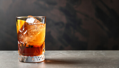 Glass of tasty Old Fashioned cocktail on table against dark background with space for text