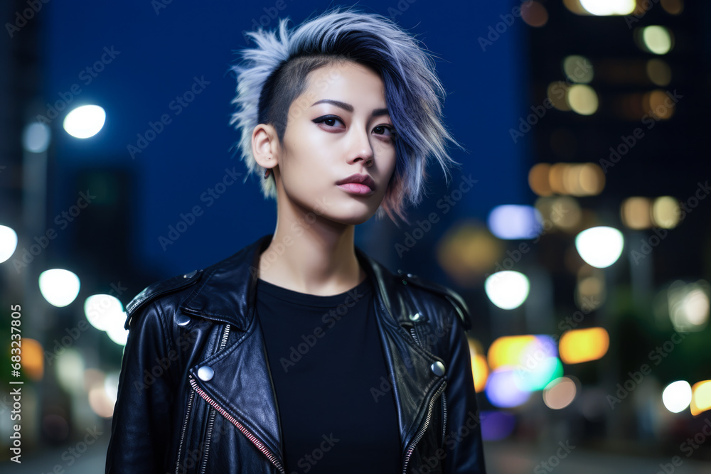 Wall mural Asian young woman in punk style clothes with the city lights on the background