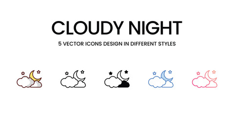 Cloudy Night Icon Design in Five style with Editable Stroke. Line, Solid, Flat Line, Duo Tone Color, and Color Gradient Line. Suitable for Web Page, Mobile App, UI, UX and GUI design.