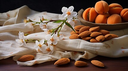 Obraz na płótnie Canvas On a bamboo napkin, dried apricots with almonds and a blooming branch.