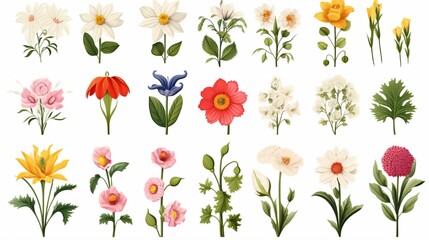 Flowers from an early spring forest and garden isolated on white vector set Spring and summer flower illustration in a garden