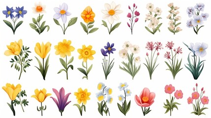 Flowers from an early spring forest and garden isolated on white vector set Spring and summer flower illustration in a garden.