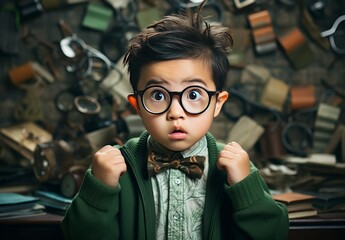 Curious Minds: Inquisitive Boy with Glasses Explores Chalkboard Questions - obrazy, fototapety, plakaty