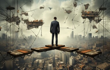 Balancing Ambitions: Businessman Walks Tightrope Between Cities - obrazy, fototapety, plakaty