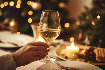 Hand holding glass of white wine , people cheering, cheers, spending a moment together with friends, party, happy moment, wine tasting, cheering, family
