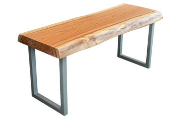 Bench with live edge wood top and gray metal legs in simple modern design isolated on a white...