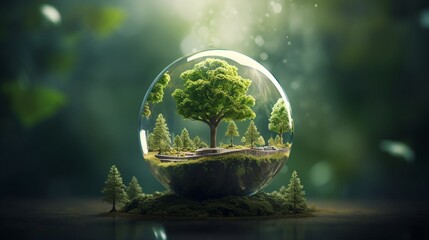 The concept of Earth Day or World Environment Day Save our planet, restore and protect green nature, live a sustainable lifestyle. Trees flourish on the planet in clean forests.