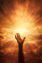 inspirational hand reaching out to faith, the sky with the sun behind. reaching for God's love   - obrazy, fototapety, plakaty
