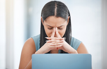 Frustrated business woman, laptop and headache in mistake, stress or anxiety and mental health at...