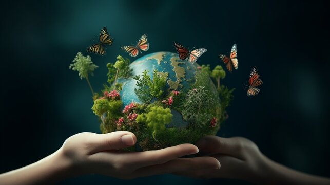  Save our Planet, and safeguard green nature, sustainable lifestyle. The topic of saving our planet and planting trees Growing on a globe in one hand, ladybugs, and a swarm of beautiful butterflies .