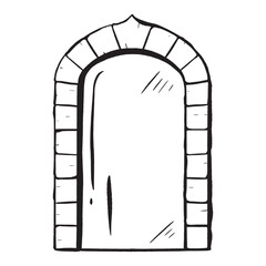 Ink hand-drawn vector. Glass door adorned with a stone arch. Entrance to a shop or restaurant. Antique exterior element. Closed entry. Wedding arch. An elegant addition to building design