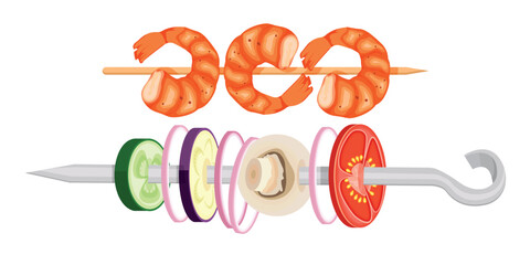 Vector cartoon image of chopped vegetables for skewer. The concept of a barbecue with neighbors or on a hike. Elements for your design.