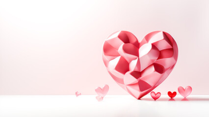 Stylized heart with a faceted surface, creating a 3D effect in varying shades of pink, surrounded by smaller hearts against a gradient pink background. Themes of love and Valentine's Day
