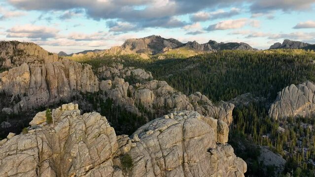 Aerial of the amazing landscape of the Black Hills in South Dakota at sunset.