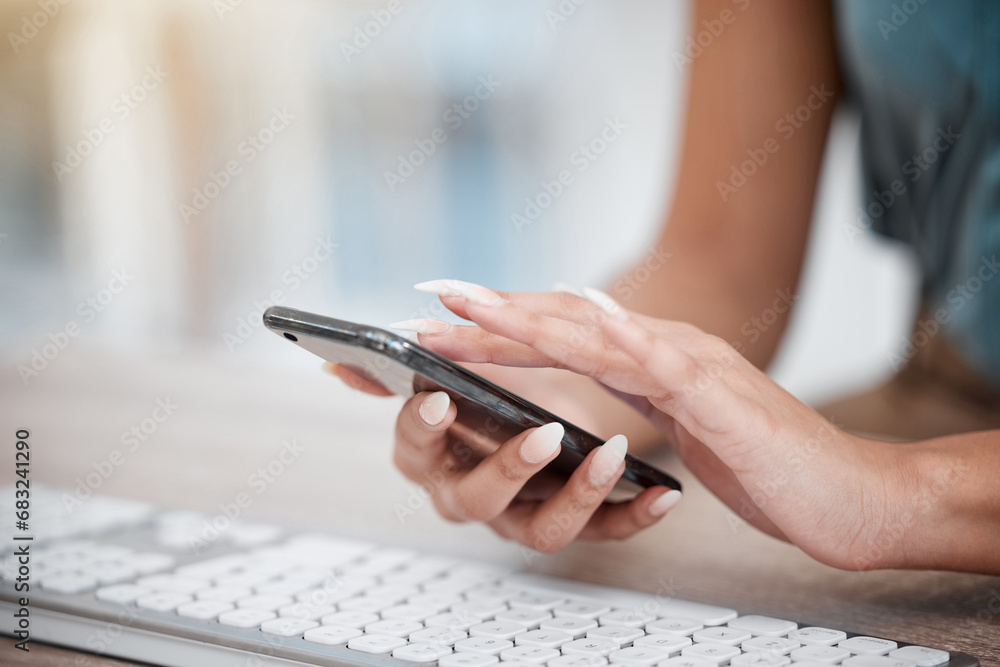 Aufkleber hands, phone and keyboard with a business woman at a desk in her office for communication or network