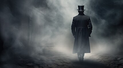 Man in 19th Century Costume Walking in Foggy Street