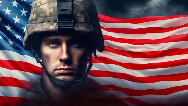 Generated image on a banner of a USA soldier on a USA flag