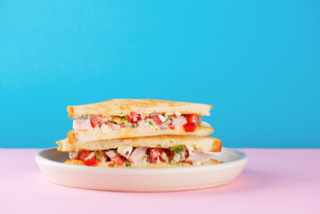 Chopped sandwich with ham, cheese, sweet pepper, onion, lettuce and spices on a pink and blue background.