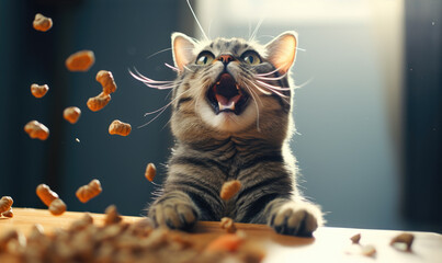 Crazy cat is enjoying eating cat food
