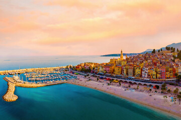 colorful old town Menton on the French Riviera, France. Drone aerial view over Menton France Europe at sunset - obrazy, fototapety, plakaty