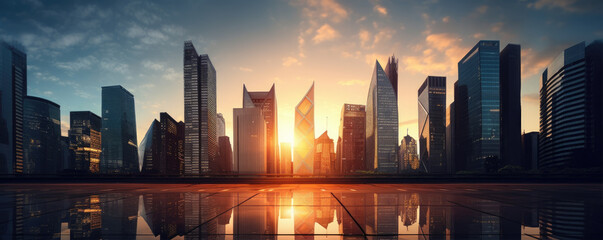 Naklejka premium Skyscrapers in futuristic city with sunrise.