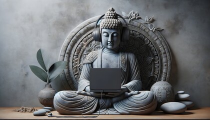 Buddha statue with headphones on and use a laptop
