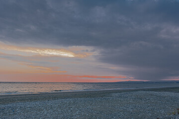 View of the Sunset along the Mediterranean Sea coastline of Pervolia village, south of Cape Kiti...