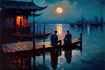 AI generated illustration of two men sitting in a wooden boat under the light of a full moon.