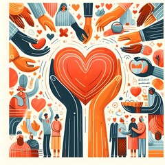 Hands holding a heart. Various people and volunteers representing the world of voluntary associations and benefactors. concept of solidarity, volunteering, caring, supporting, helping, donating.