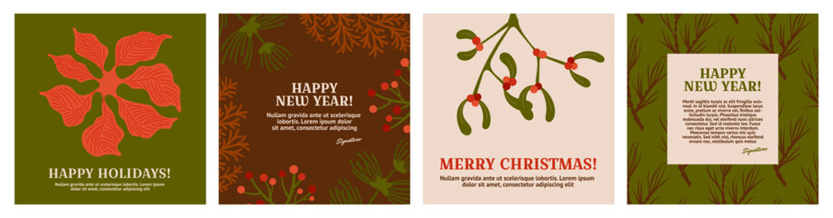 Xmas cards. Minimal pattern background set, merry Christmas trees branches and winter botanical elements, modern holiday red, green eve colors, poinsettia and mistletoe vector greetings and invitation