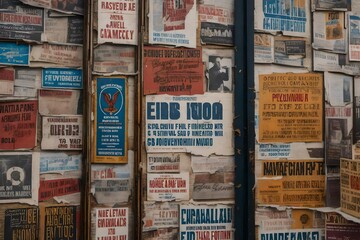  image of a New York City wall with fictional old gig posters at different angles plastered all over it. The posters are old and worn and ripped and distressed
