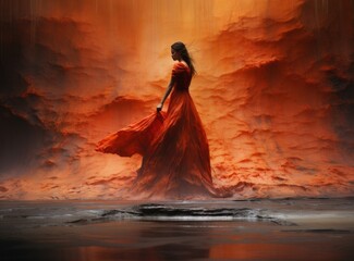 Fiery Elegance: Girl Standing Beside Red Spouting Stream