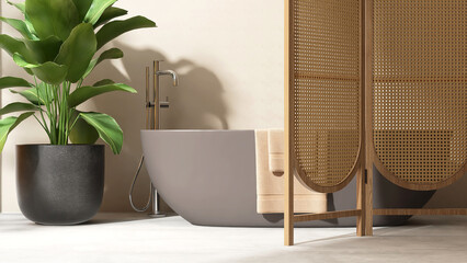Brown bathtub, chrome shower, tropical tree, wooden rattan partition in luxury design bathroom in sunlight, shadow on beige wall for interior design decoration, toiletries product background 3D