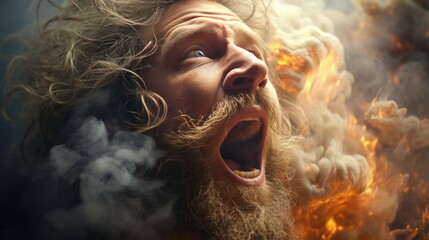 Agony Unleashed: Man Screaming Amidst Smoke - obrazy, fototapety, plakaty