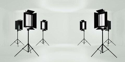 A set of spotlights mounted on a tripod for stunning visual effects 3d render illustration