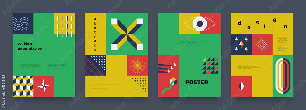 Poster geometric posters. abstract color cards. minimal figures collage. bright squares. eye and cubes. bau