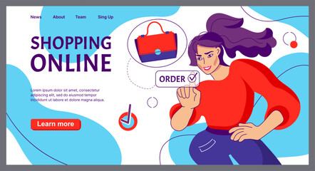 Online shopping landing page. Customer choosing clothing. Woman buying handbag. Website design template. Store order delivery. Boutique sale. Internet shop. Shopper making purchase. Vector background