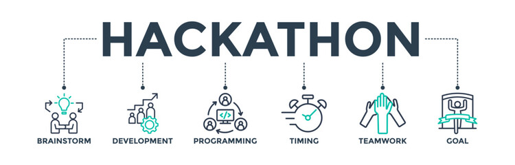 Hackathon banner web icon concept for design sprint-like social coding event with icon of brainstorm, development, programming, timing, speed, teamwork, and goal. Vector illustration 