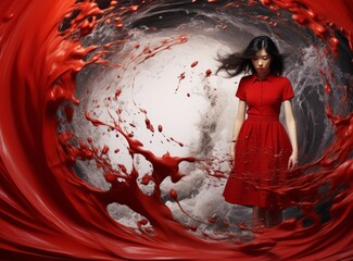 Dramatic Elegance: Woman in Red with Artistic Eye Splash