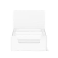 Show box blank mockup with set of  sachet packaging or flow pack in the  food, cosmetic and hygiene. Vector illustration on white background. Ready for your design. EPS10.
