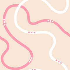 Naive seamless squiggle pattern with bright pink and white wavy lines on a light background with dots. Creative abstract squiggle style drawing background.