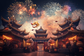 Chinese dragon, temple and fireworks