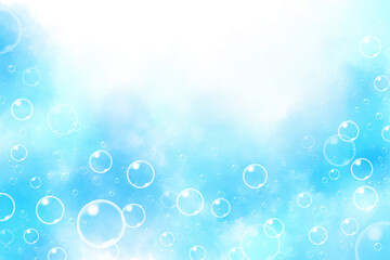 シャボン玉と水彩ブルー背景