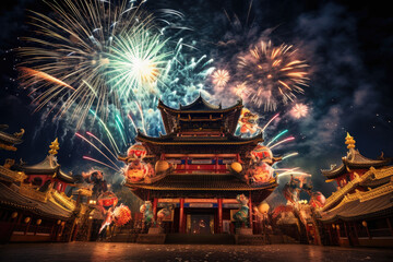 Chinese dragon, temple and fireworks