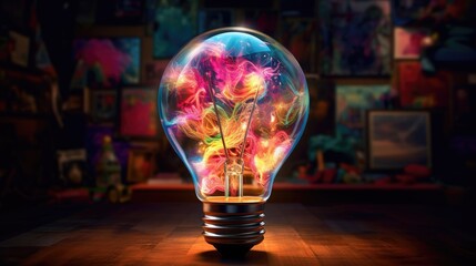 Bulb-shaped lamp shines brilliantly with a burst of vivid colors ultra realistic illustration - Generative AI.