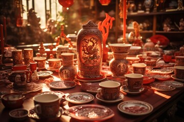 Chinese Tableware Set in Dragon-Themed Room