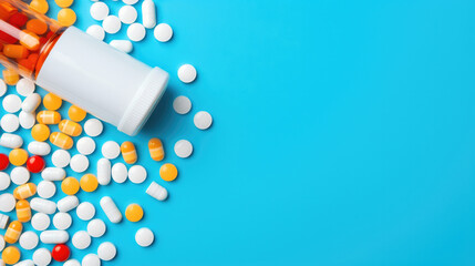 Bottle and scattered pills on a blue background, space for text - obrazy, fototapety, plakaty