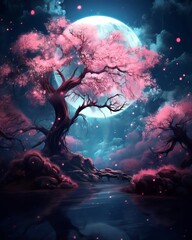Beautiful pink sakura tree under the moon - obrazy, fototapety, plakaty