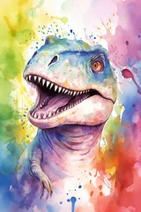 Küchenrückwand glas motiv T-rex dinosaur watercolor background. Cute adorable T-rex card © B-design